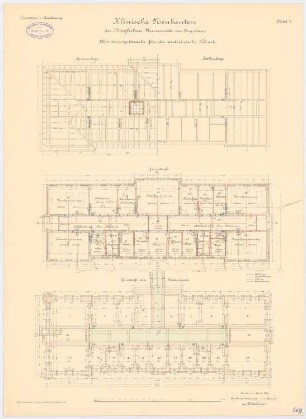 Universität Breslau Klinische Neubauten. Medizinische Klinik: Absonderungsbaracke für die Medizinische Klinik: Grundriss Fundamente, Erdgeschoss, Sparrenlage 1:100