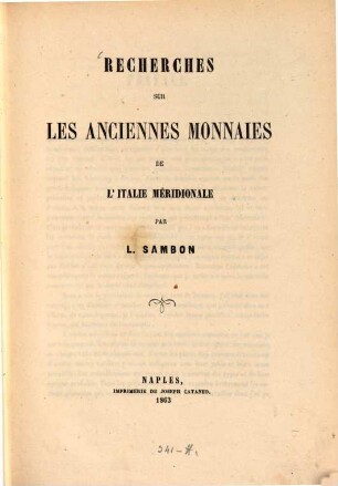 Recherches sur les anciennes monnaies de l'Italie méridionale