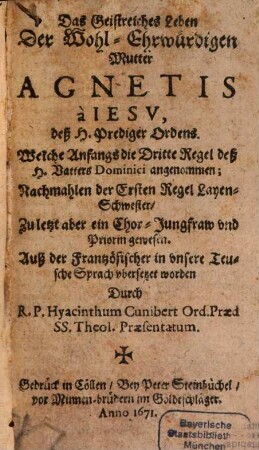 Das geistreiche Leben Agnetis a Jesu