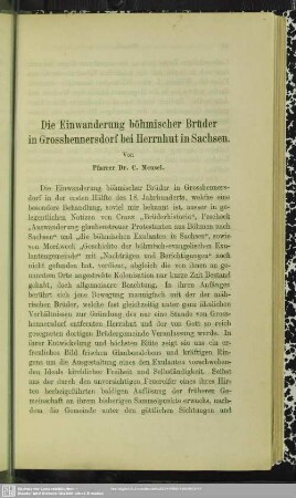 Die Einwanderung böhmischer Brüder in Grosshennersdorf bei Herrnhut in Sachsen