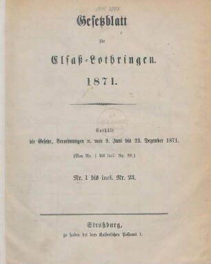 1871: Gesetzblatt für Elsaß-Lothringen