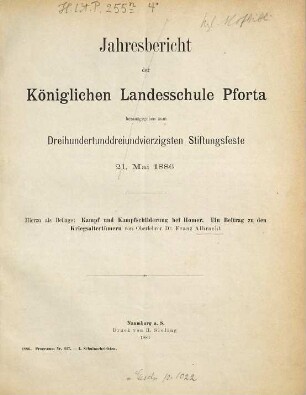 Jahresbericht der Königlichen Landesschule Pforta : herausgegeben zum ... Stiftungsfeste .... 1885/86