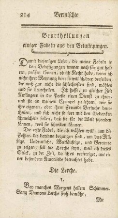 Beurtheilungen einiger Fabeln aus den Belustigungen.