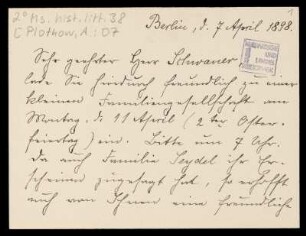 Brief von Anna Plothow an Wilhelm Schwaner