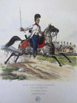Uniformdarstellung, Gemeiner des Chevauleger-Regiments zu Pferd, Österreich, 1840. Tafel aus: Trentsensky: K.K. Oesterreichische Armée nach der neuen Adjustirung.