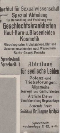 Abbildung zweier Schilder des ehemaligen Instituts für Sexualwissenschaft