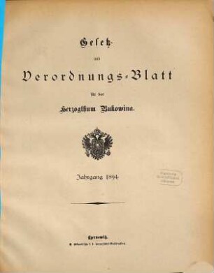 Gesetz- und Verordnungsblatt für das Herzogtum Bukowina. 1894
