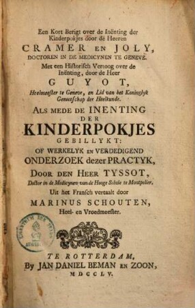 Een Kort Berigt over de Inënting der Kinderpokjes
