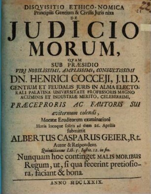Disqvisitio Ethico-Nomica Principiis Gentium & Civilis Juris nixa De Judicio Morum