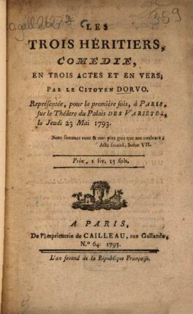 Les trois héritiers : comédie en trois actes et en vers