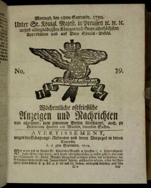 No. 39. Montags, den 28ten Septembr. 1750.
