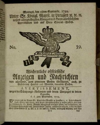 No. 39. Montags, den 28ten Septembr. 1750.