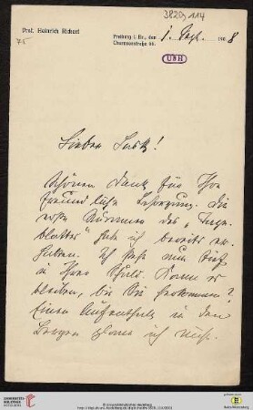 Heid. Hs. 3820,114: Brief von Heinrich Rickert an Emil Lask