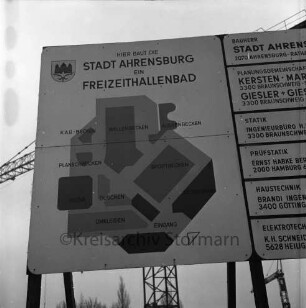 Hallenbad [später "badlantic"]: Reeshoop: in Bau: Bauschild mit Grundriss und Bezeichnung der Badebereiche