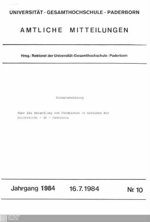 Dienstanweisung über die Behandlung von Fundsachen in Gebäuden der Universität - GH - Paderborn : 16.7.1984