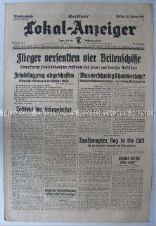 Tageszeitung "Berliner Lokal-Anzeiger" u.a. über den neuen englischen Kriegsminister Chamberlain