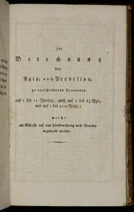3 te Berechnung der Agio, auch Provision, zu verschiedenen Procenten ...