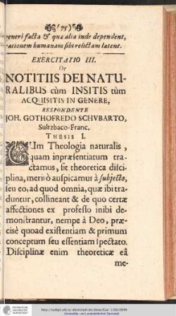 EXERCITATIO III. De NOTITIIS DEI NATURALIBUS cúm INSITIS túm ACQUISITIS IN GENERE, ...