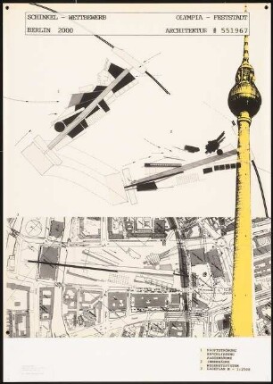 »Olympisches Fest«, Berlin-Mitte Schinkelwettbewerb 1992: Lageplan 1:2500,Grundrisse, Erschließungsplan