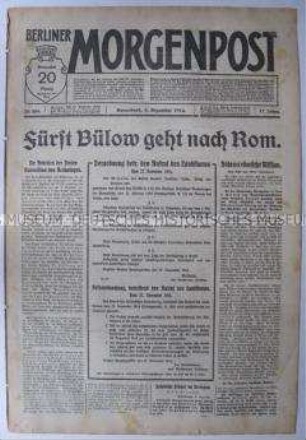 Tageszeitung "Berliner Morgenpost" über die Entsendung von Fürst von Bülow als Botschafter nach Italien und über den kaiserlichen Aufruf zur Bildung des Landsturms