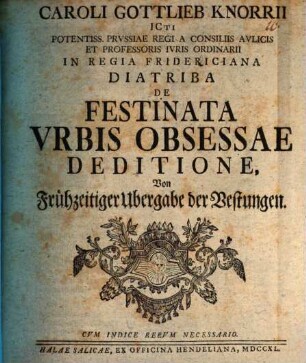 Diatriba de festinata urbis obsessae deditione : von frühzeitiger Übergabe der Vestungen