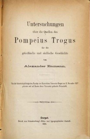 Untersuchungen über die Quellen des Pompeius Trogus für die griechische und sicilische Geschichte