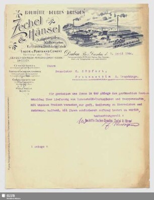 Bauhütte Zechel & Hänsel, Dampfziegel- und Kalkwerke, Kunststein- u. Stuckdielen-Fabrik, Lager v. Portland-Cement Deuben, Bez. Dresden : Mitteilung
