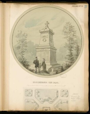 Gefallenendenkmal, Calau Monatskonkurrenz Juni 1877: Lageplan, perspektivische Ansicht; Maßstabsleiste