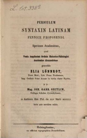 Periculum syntaxin latinam fennice proponendi : Specimen academicum