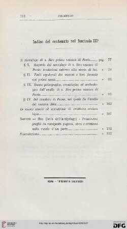 Indice del contenuto nel fascicolo III°