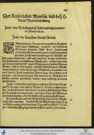 Der Keyserlichen Maiestät und deß Heiligen Reichs Reutterbestallung