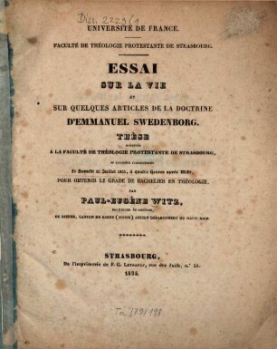 Essai sur la vie et sur quelques articles de la doctrine d'Emmanuel Swedenborg : thèse
