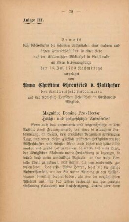 Anlage III. Erweis daß Bibliotheken die sichersten Wohnstätten einer wahren und ächten Freundschaft sind ...