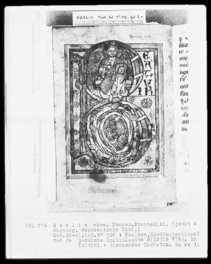 Psalter — Initiale B (EATUS VIR), darin thronender Christus, Folio 2verso