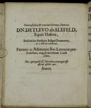 Generosissimo & maxime Strenuo Domino, Dn. Detlevo ab Alefeld [...]