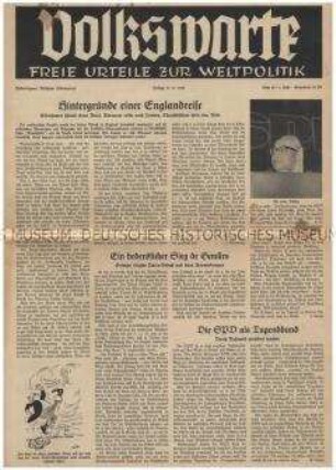 Nationalistische Wochenzeitung "Volkswarte" u.a. zur Englandreise von Adenauer 1959 und zum antikolonialen Kampf in Algerien
