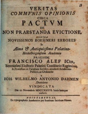 Veritas Commvnis Opinionis Circa Pactvm De Non Praestanda Evictione, Contra Novissimos Boehmeri Errores
