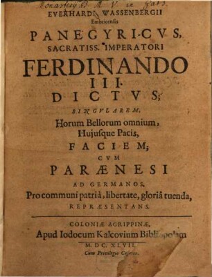 Panegyricus sacratissimo imperatori Ferdinando III. dictus