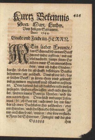 Kurtz Bekentnis Doct. Mart. Luther. Vom heiligen Sacrament. Anno 1544.