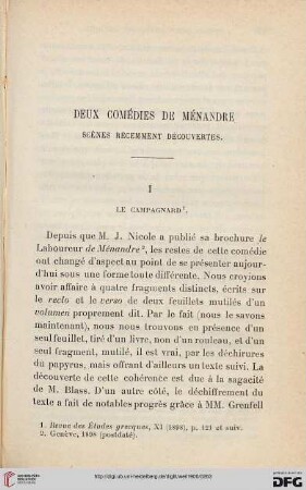 Deux comédies de Ménandre scènes récemment découvertes