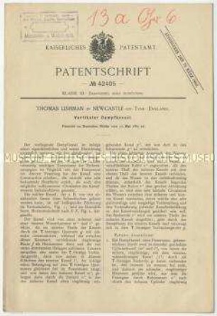 Patentschrift eines vertikalen Dampfkessels, Patent-Nr. 42405