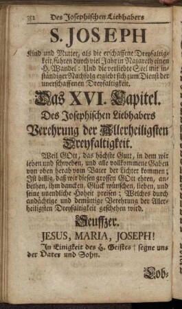 S. Joseph [...]. Das XVI. Capitel. Des Josephischen Liebhabers Verehrung der Allerheiligsten Dreyfaltigkeit.