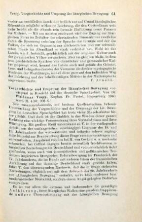 61-63 [Rezension] Trapp, Waldemar, Vorgeschichte und Ursprung der liturgischen Bewegung