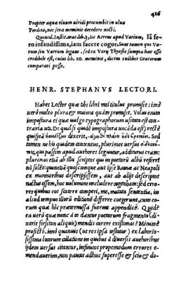 Henr. Stephanvs Lectori.