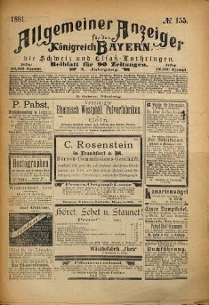Allgemeiner Anzeiger für das Königreich Bayern : Beiblatt für 85 bayerische Zeitungen. 1881 = No. 154 - 157 = Jg. 10