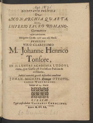 Disputatio Politica De Monarchia Quarta, Seu, Imperio Sacro Romano-Germanico