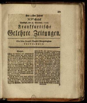 XCItes Stück Dienstags, den 18. November, 1766. - Ctes Stück Freytags, den 19. December, 1766