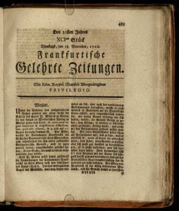 XCItes Stück Dienstags, den 18. November, 1766. - Ctes Stück Freytags, den 19. December, 1766