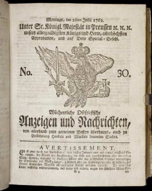 No. 30. Montags, den 26ten Julii 1762.