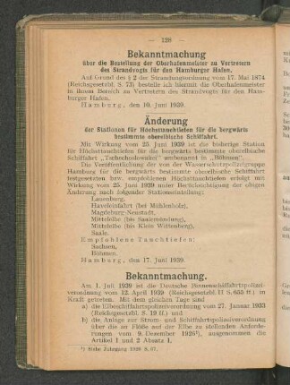 Änderung der Stationen für Höchsttauchtiefen für die bergwärts bestimmte oberelbische Schiffahrt.